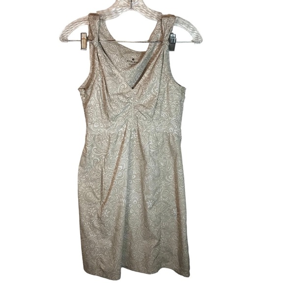 Athleta sundress sleeveless vneck knee length size 2 side zipper tan and cream - Picture 1 of 14